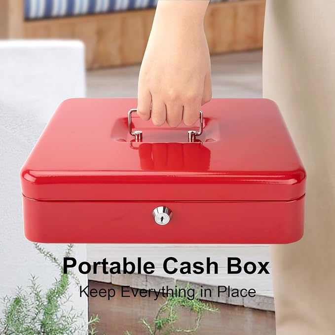 Jssmst Cash Box with Money Tray and Lock -Red Cash Box with Key Lock Safe Money Box Large, Locking Cash Register Drawer Box for Money, 11.8'' x 9.5'' x 3.5'', SM-CB005RED