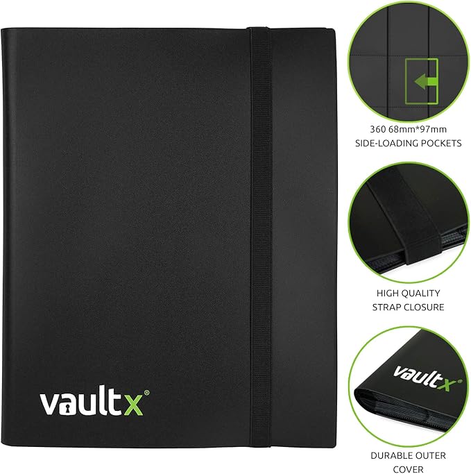 Vault X 9 Pocket Standard Strap Binder, Holds 360 Trading Cards in 20 Side-Loading Pages (Black)
