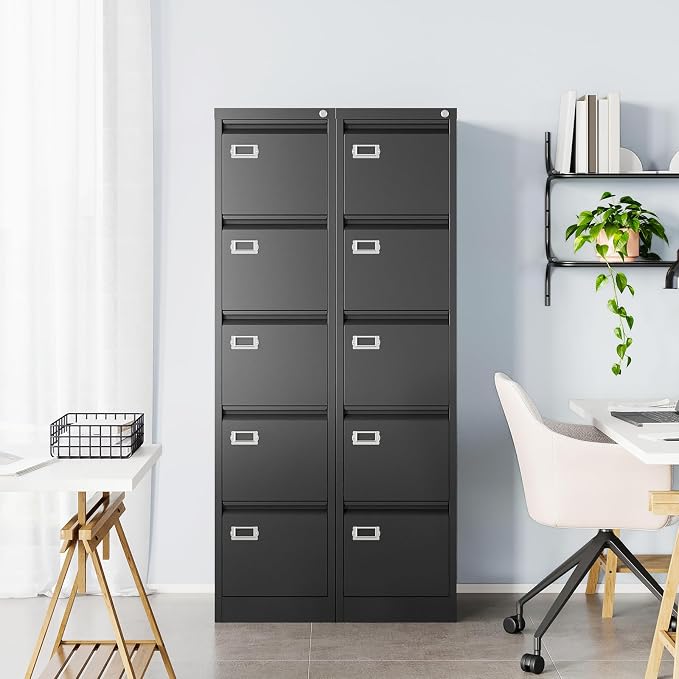 MIIIKO 5 Drawer File Cabinet, Black Vertical Filing Cabinets with Lock, Home Office File Folders Storage Cabinet for Letter Legal File Size.