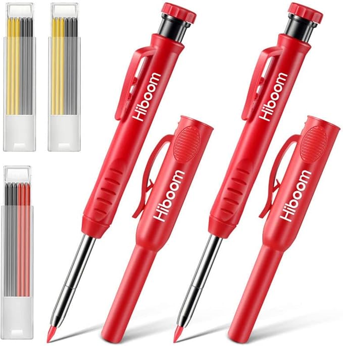 Hiboom 2 Pack Carpenter Pencils with Pencil Cap and 18 Refills, Red | Mechanical Pencil, Deep Hole Marking, Built-In Sharpener, Long Nose Tip, Pocket Clip, Marks Many Surfaces, Woodworking Use