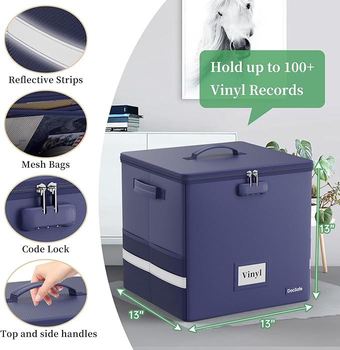 DocSafe Vinyl Record Storage Box with Lock, Fireproof＆Water Resistant Record Organizer for 100+ Single Records(12-inch), Collapsible Storage Crate with Lid&Handles for Valuable Album Collection, Blue