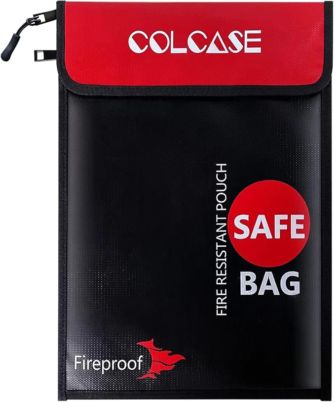 COLCASE Fireproof Document Bag 2 Pockets Fireproof and Waterproof Bag | 2000 ℉ 15 x 11 Inches Silicone Fiberglass Coated Fireproof Bag Black