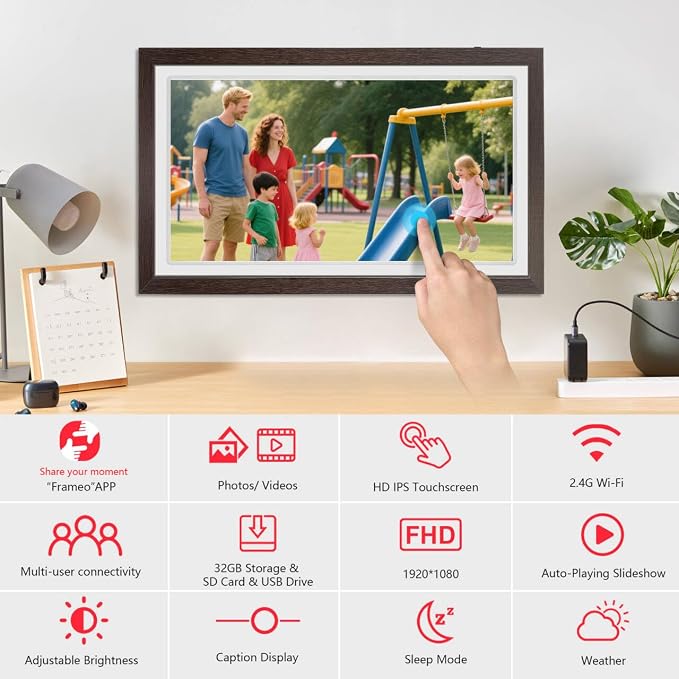 21.5" Large Frameo Digital Photo Frame, 32GB WiFi Digital Picture Frame with 1920x1080 FHD IPS Touch Screen, USB Drive/SD Card, Wall Mountable Auto-Rotate, Easy Share Photos/Videos from Anywhere