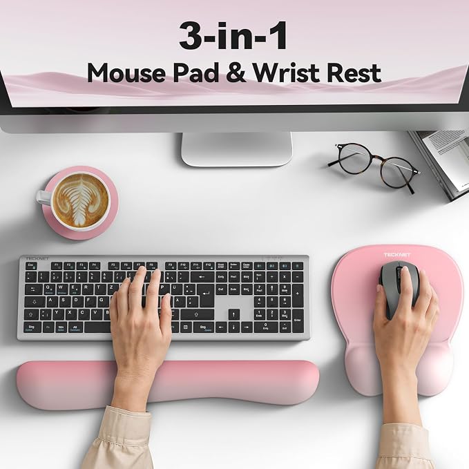 TECKNET Gel Ergonomic Mouse Pad & Keyboard Wrist Rest & Coaster | 3 in 1 Set, Pain Relief, Milk Silk Cloth, Non-Slip PU Base, Easy Typing, Memory Foam Wrist Support for Office & Home