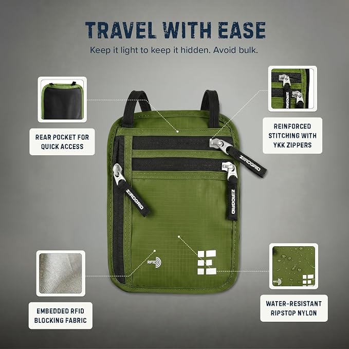 Zero Grid RFID Travel Neck Wallet, Large Passport Holder, Green | Slim & Concealable Travel Pouch for Men & Women; Holds Phone, Cash, Cards, Keys, Waterproof; 4 compartments; Adjustable Strap