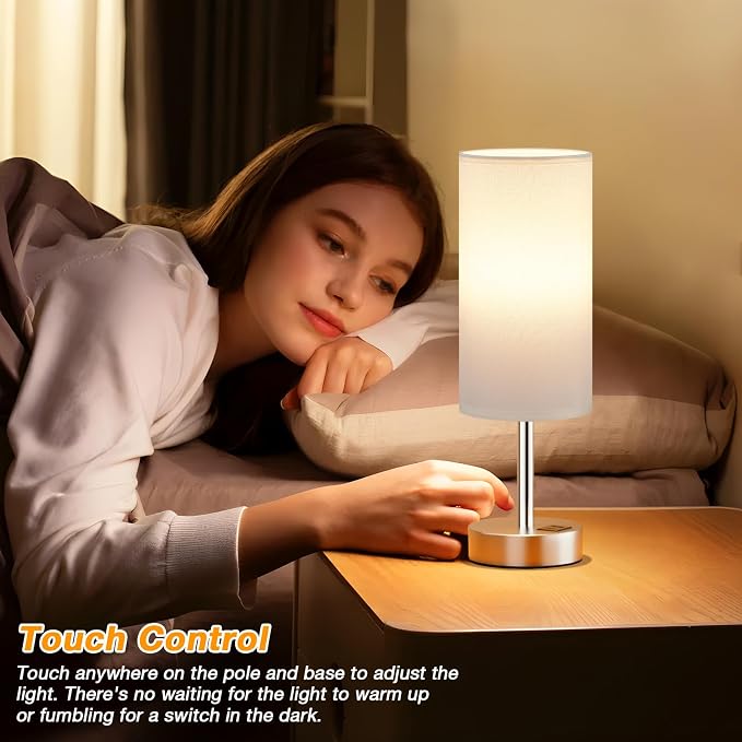 Dicoool Bedside Table Lamp for Bedroom - 3-Way Dimmable Touch Lamp, USB A+C | LED Bulb Included, 14" Small Nightstand Lamp for Desk, Living Room, Guest Room, White Fabric Lampshade, Silver Metal Base
