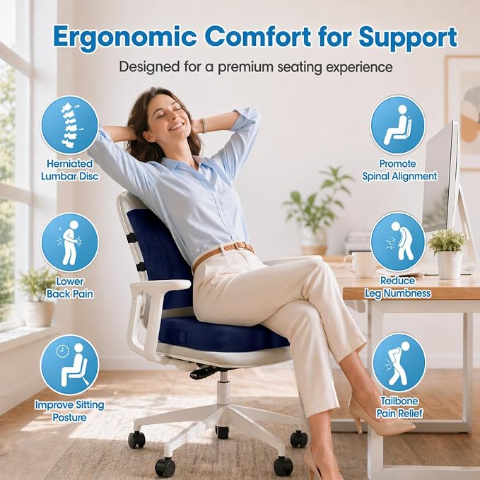 CloudBliss Lumbar Support Pillow & Seat Cushion Set for Office Chair, Desk Chair, Wheelchair & Car–Memory Foam Back Support,Ergonomic Chair Cushions, Sciatica Pain Relief,Home Essentials(Blue,XL)