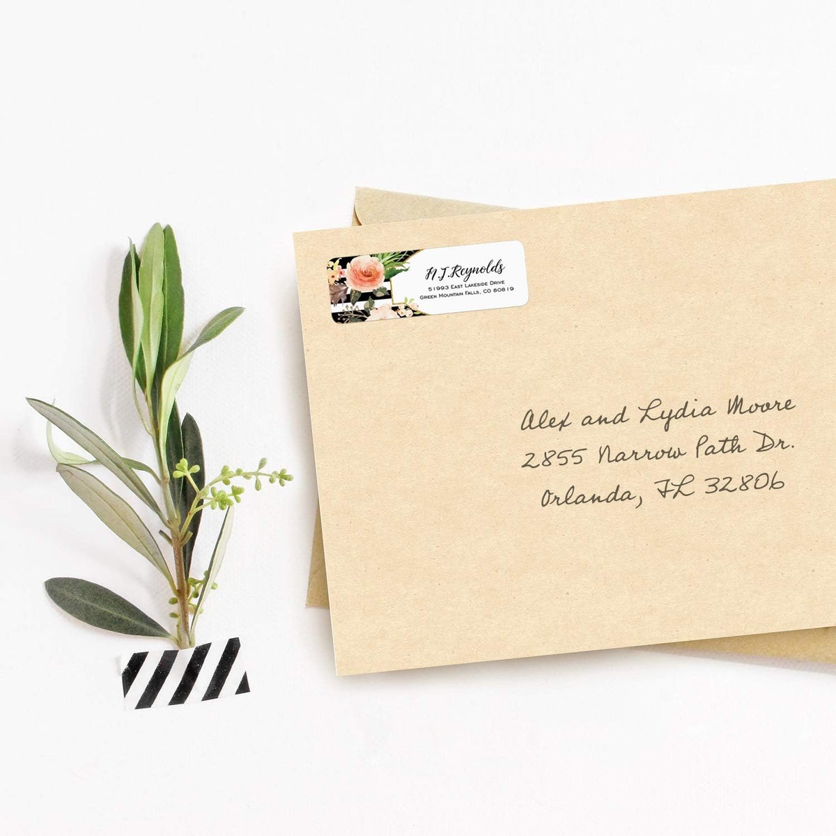 Black and White Stripe Floral Rolled Address Labels/Roll of 500 Personalized Return Address Labels/Designer Return Address Stickers in Elegant Plastic Dispenser