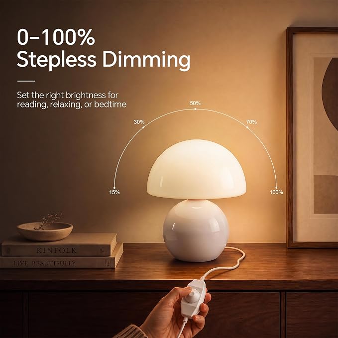 Mushroom Lamp Table Lamp for Bedroom-Small Desk Table Lamps,White | 8.7" Mid Century Modern Table Lamps for Living Room Bedroom Decor,Cute Ceramic Lamps for Mushroom Home Room Decor,Glass Shade