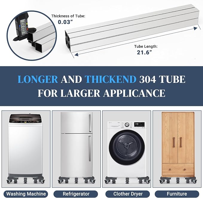 WBD WEIBIDA Upgraded Full-Size Washing Machine Base Stand with 4 Locking Wheels & 10 Strong Feet, 24-31" Fridge Stand Adjustable Flat Dolly Cart Mobile Base for Washer, Dryer, Refrigerator, Furniture