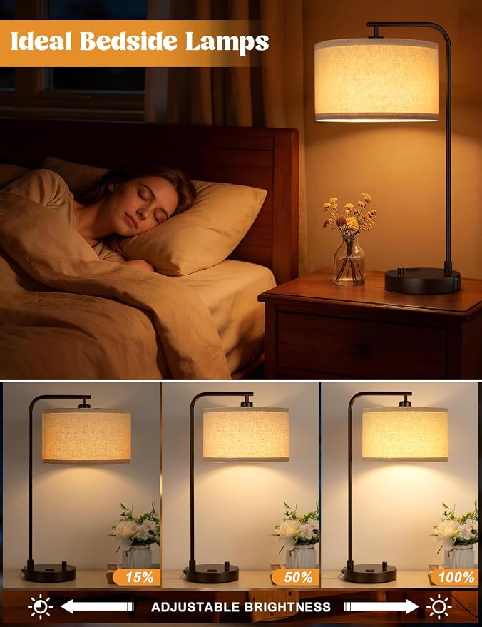 Innqoo Brown Table Lamp for Bedroom with USB Port and Outlet, Dimmable Nightstand Bedside Lamps with Linen Lampshade, Desk Lamp for Home Office, Living Room, Guest Room, LED Bulb Included