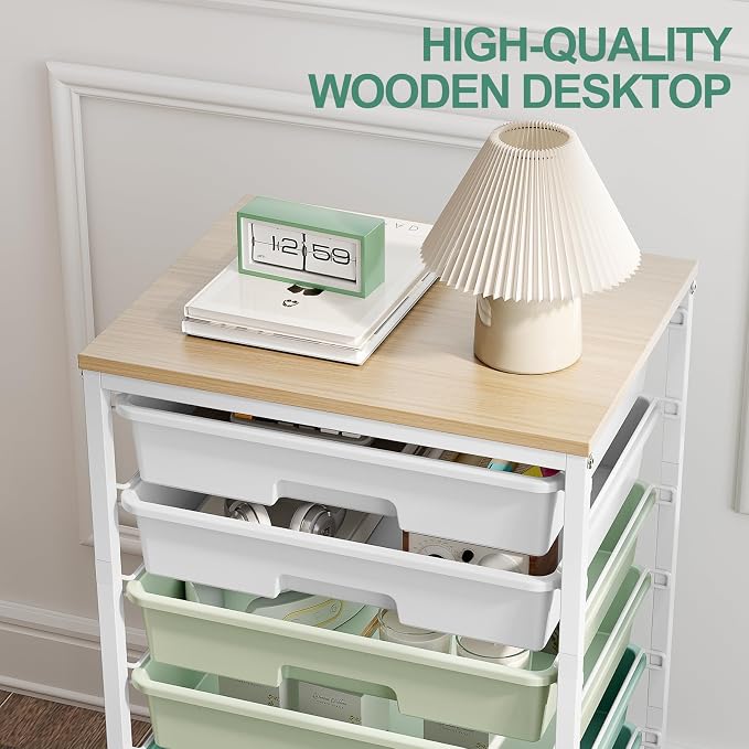 Storage Cart with 8 Drawers, Utility Cart with White Drawers and Wooden Tabletop, Craft Cart, Teacher Organization for Classroom, Storage Furniture, Office Organization, Green | Utility Cart on Wheels with Wooden Tabletop,Teacher Organization for Class...