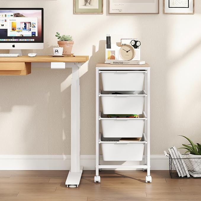 Giantex Rolling Storage Cart with 4 Drawers, Utility Cart w/Wooden Tabletop, Lockable Wheels, Multipurpose Organizer for Art Craft Scrapbook Paper, Drawer Carts for Dorm Classroom Office, White