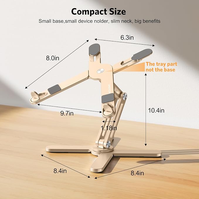 OMOTON LA10 360° Rotating Laptop Stand Riser Foldable for Desk, Gold | Aluminium Aolly, Adjustable Height Angles, Collaborative Work, Easy Storage, Fits Laptops up to 17", for MacBook Pro/Air HP
