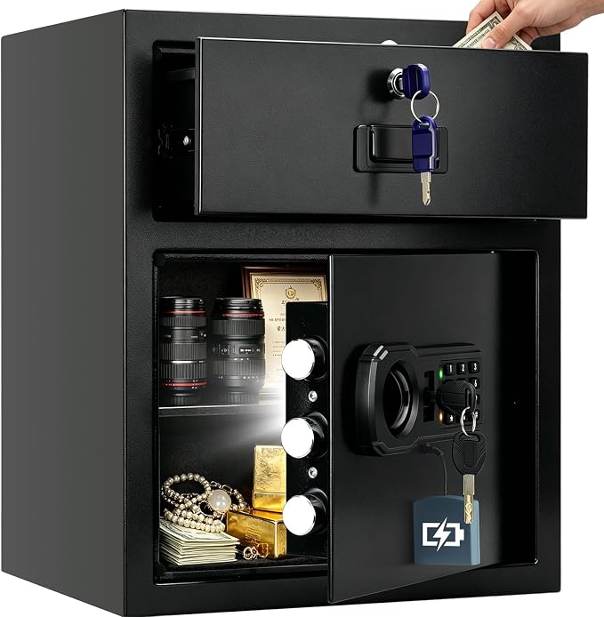 3.2 cu ft Fireproof Safe Boxwith Lockable Drawer, Anti-Theft Safe Deposit Box with Combination Lock & 2 Backup Keys, Heavy Duty Depository Safe Box for Business Home Office