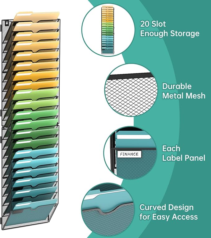 20 Tier Wall File Organizer, Hanging Wall Mounted Mail Organizer with Label Slots, Metal Mesh File Holder Magazine Rack for Office, Home, School or Classroom, Black