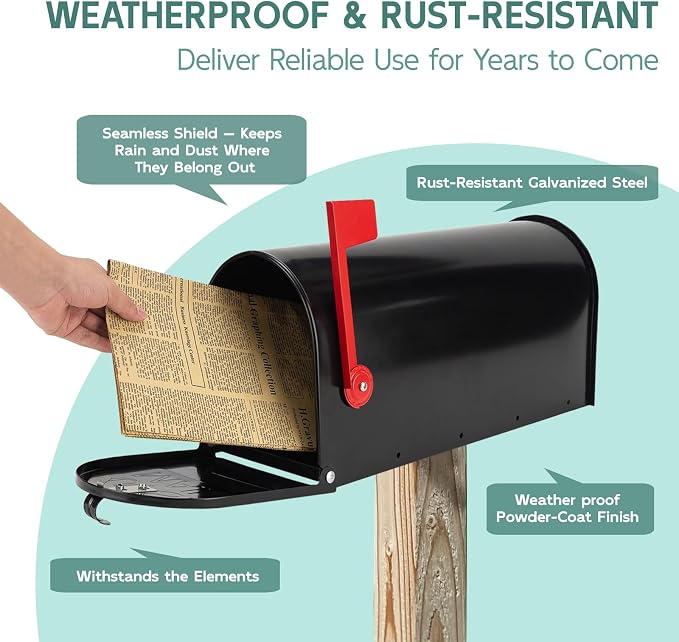 Mailboxes for Outside Post Mount, Black Metal Mailbox, Standard Size, 20 x 8.7 x 6.7 Inches