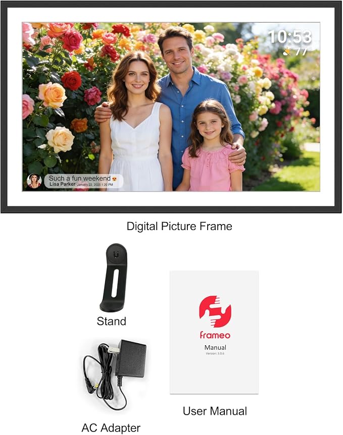 FRAMEO 15.6 Inch 32GB Large Digital Photo Frame, Digital Picture Frame WiFi, IPS HD Touch Screen, Photo Frame with Auto-Rotate Instant Share Photo/Video Sharing via Frameo App, Gift for Mom
