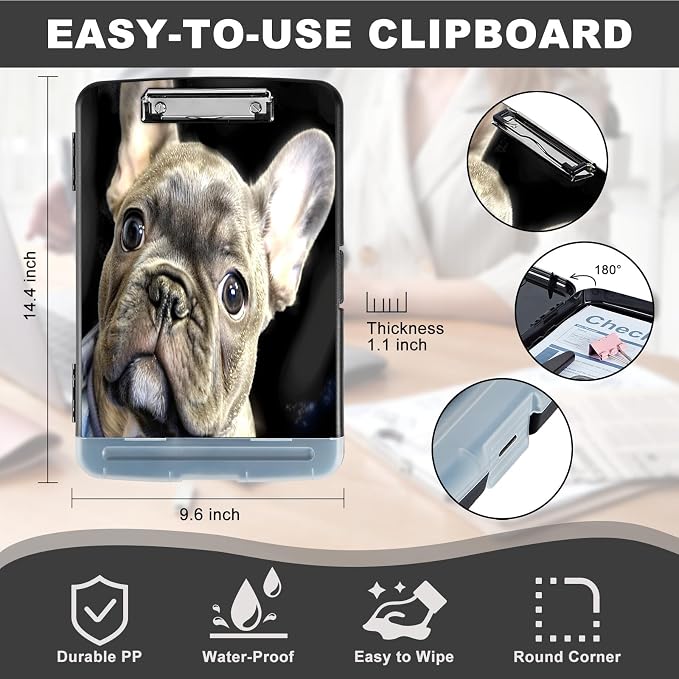 Clipboard with Storage,Storage Clipboard with Pen Holder,Heavy Duty Plastic Storage Clipboard with Low Profile Clip,Teacher Must Haves,Clipboard Folder,Office Supplies,Dog -1339