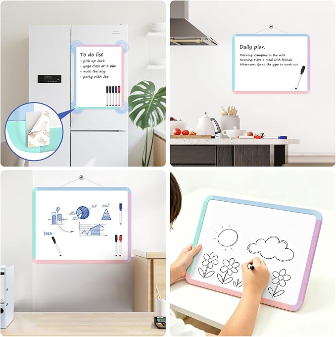 Small Wall White Board, 11" x 14" Mini Double-Sided Magnetic Dry Erase Board with Plastic Frame, Hanging Whiteboard with 5 Markers for Kids Students School Kitchen Home & Office, Colorful