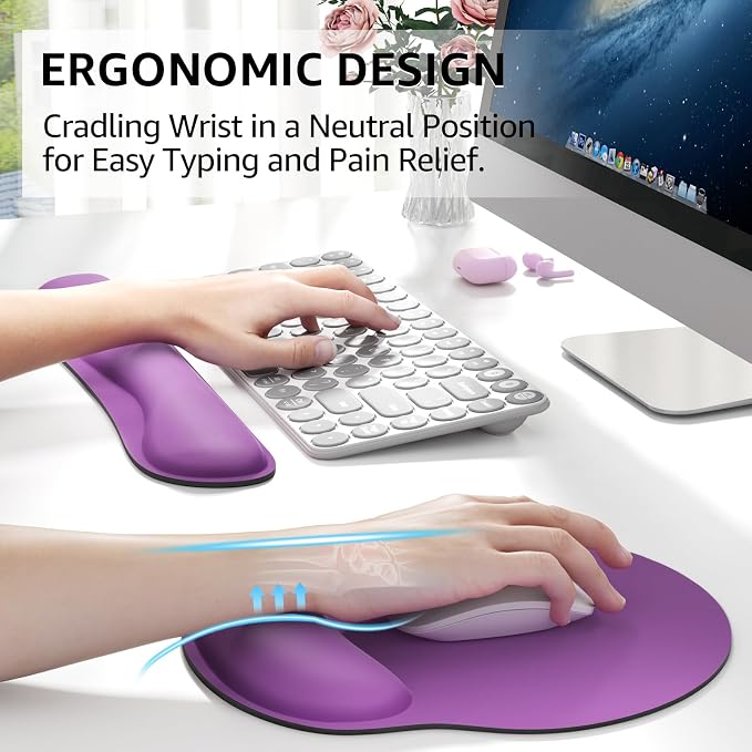 KTRIO Keyboard Wrist Rest & Mouse Pad with Wrist Rest, Violet Purple | Memory Foam Wrist Support, Ergonomic Design, Non-Slip Base, Office and Home Use