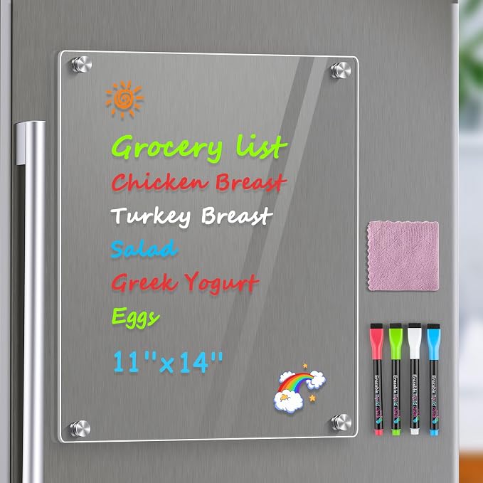 MaxGear Acrylic Fridge Whiteboard Magnetic Dry Erase Board, 11 x 14 Inch | Larger Writing Space, Strong Magnetic Hold, Smooth Writing and Easy Cleaning for Grocery Lists and Family Organization