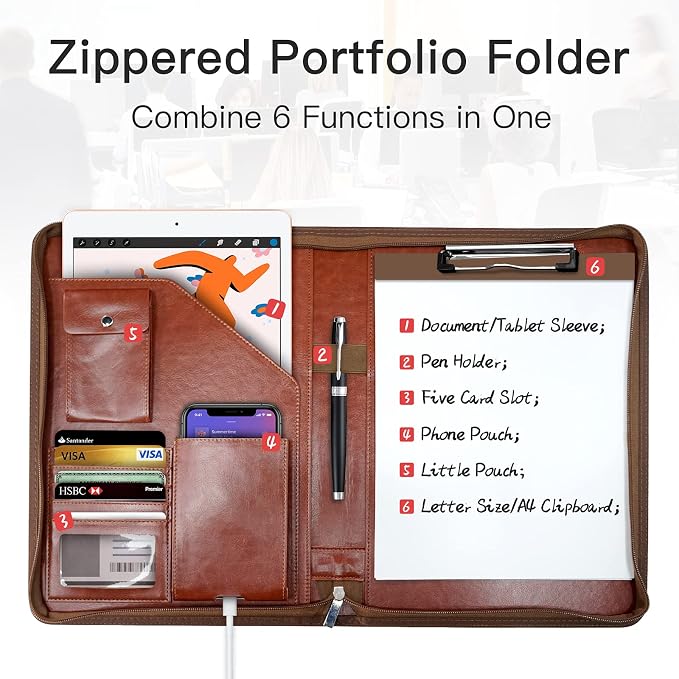 WRIYES Zippered Padfolio Organizer, 10.2 Inch Portfolio Folder, Brown | Leather Planner Binder, For Documents, Letter Size, Business Card Holder, For Men & Women