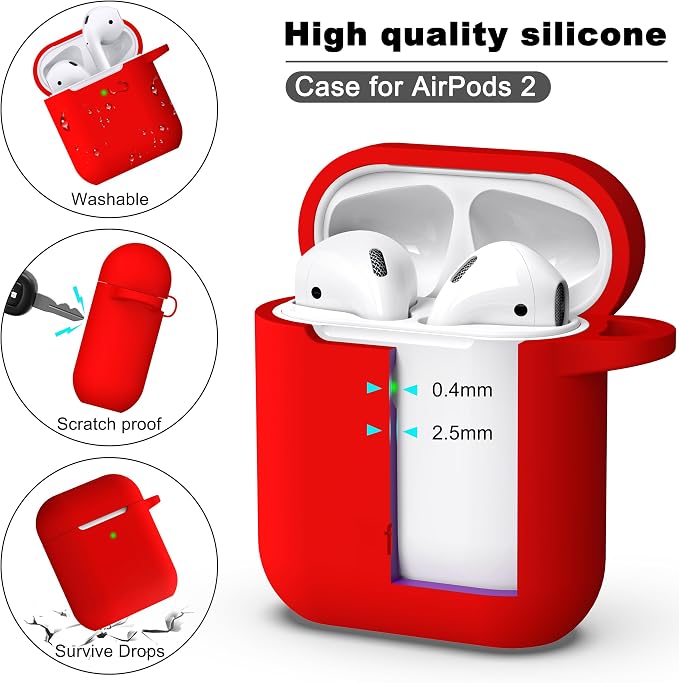 R-fun for AirPods 1/2 Case, Soft Silicone Protective Cover with Keychain and Cleaning Pen, Compatible with AirPods 2nd/1st Generation (2016/2019), Full Drop Protection Cover, Red