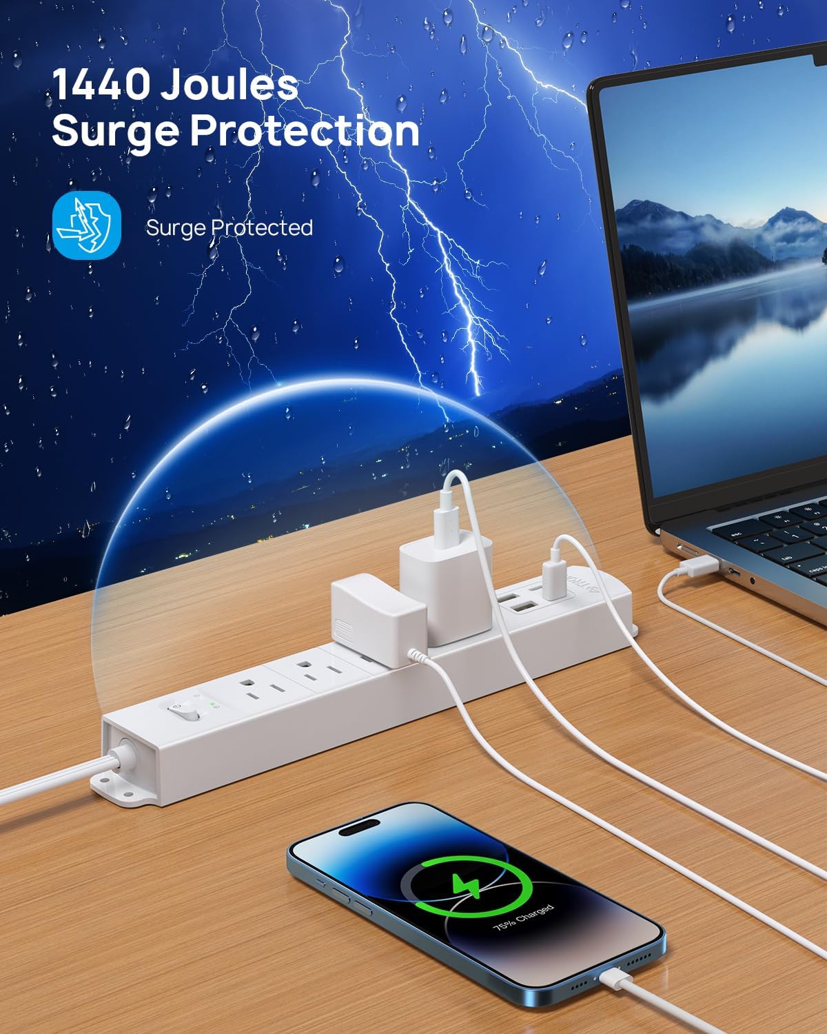 TROND 15ft Long Extension Cord with 2 USB C, ETL Listed, Ultra-Thin Flat Plug Power Strip, Slim Surge Protector, 4 Outlets 4 USB Ports, Wall Mount, Office Accessories Dorm Room Essentials, White