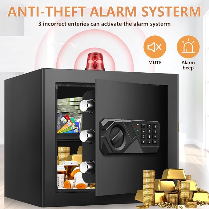 1.8 Cub Small Fireproof Safes for Home, Digital Security Home Safes Fireproof Waterproof with Programmable Keypad Keys and Alarm System, Anti-Theft Fire Safe Box for Document Money Valuables