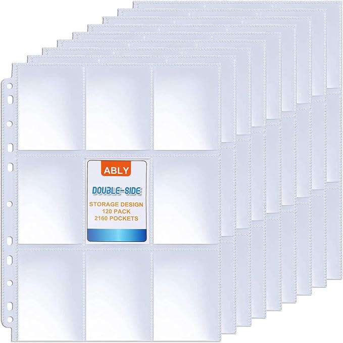 ABLY 120 Pages Double-Sided Trading Card Pages Sleeves 9-Pocket Clear Plastic Game Card Protectors for Skylanders, Pokemon, Baseball Cards and More, Fit 3 Ring Binder