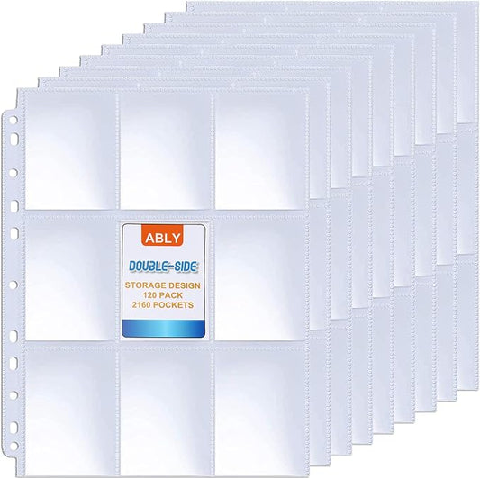 ABLY 120 Pages Double-Sided Trading Card Pages Sleeves 9-Pocket Clear Plastic Game Card Protectors for Skylanders, Pokemon, Baseball Cards and More, Fit 3 Ring Binder