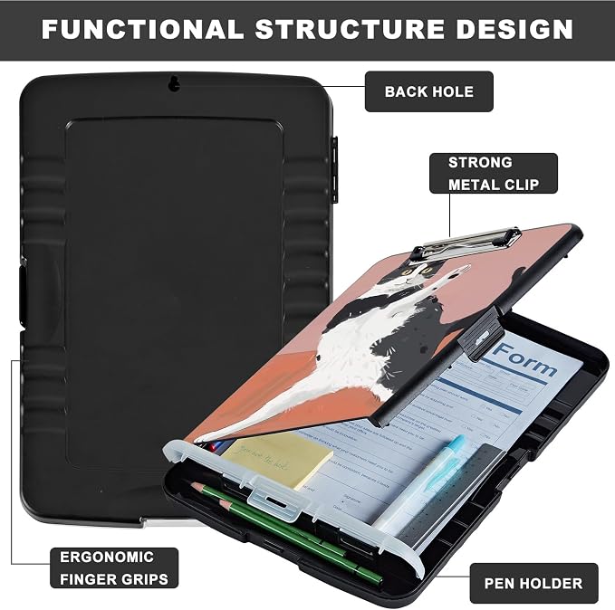 Clipboard with Storage,Storage Clipboard with Pen Holder,Heavy Duty Plastic Storage Clipboard with Low Profile Clip,Teacher Must Haves,Clipboard Folder,Office Supplies,Black and red Cat -1332