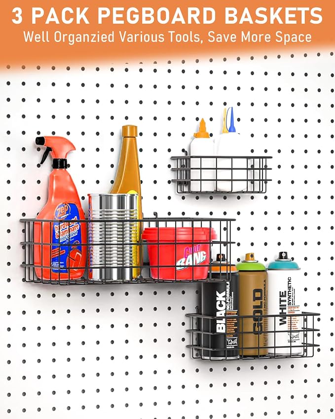 INCLY 100PCS 1/4 Inch Extra Thick Pegboard Accessories Kit with 3 Baskets | Heavy Duty Metal Peg Board Hook Assortment, 3 Sizes Basket S/M/L, Fit 1/4 Inch Pegboard, Garage Wall Organizer Hanging Tools