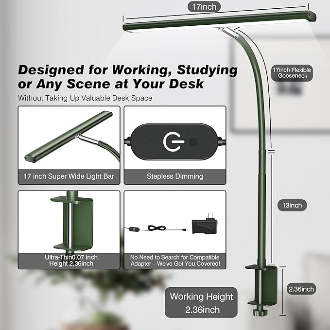 Airlonv LED Desk Lamp with Clamp, 17" Stepless Dimming Light, Green | 2700K-6500K, 100 LEDs, 360° Gooseneck, Fits Up to 30" Monitors, Flicker-Free Lighting for Home Office, Study& Workbench