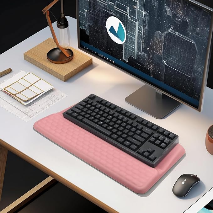 Computer Keyboard Stand with Wrist Rest Support Pad, Pink | Ergonomic Comfy Tilted Keyboard Stand Riser Holder Pad for Pain Relief, Soft Memory Foam Desk Cushion for Office Home