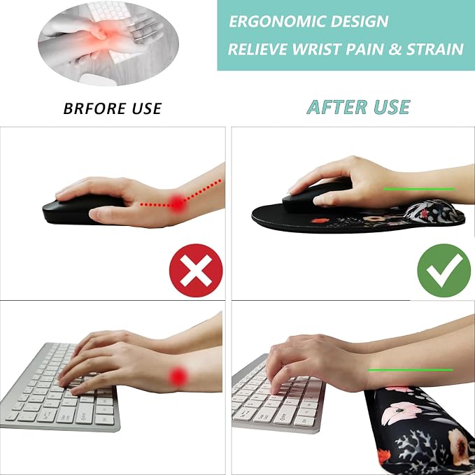 Keyboard Wrist Rest Pad Mouse Pad with Wrist Support Set of 3, Mousepad with Non-Slip Rubber Base, Ergonomic Memory Foam Mouse Wrist Cushion Support for Home Office Laptop Computer, Flower Black