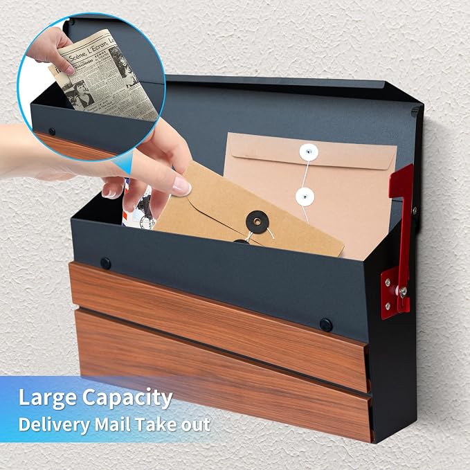 Wall-Mount Mailbox, Wood-Grain Metal Panel, Rust Resistant Large Capacity House Mailbox, Modern Drop Mailboxes for Outside, Metal Post Box with Flag (No Keys Locking)