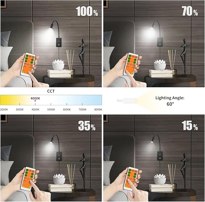 LED Wall Mounted Bedside Lamp with Flexible Gooseneck, Remote Control Black Wall Mount LED Reading Spot Light for Bedroom, Timer Auto Off, Stepless and Step Dimmable, Neutral White Lighting
