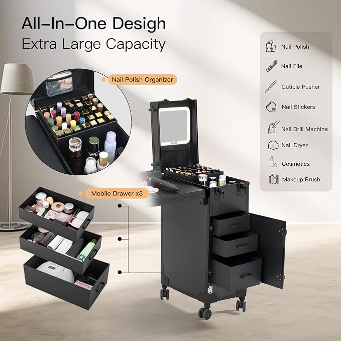 Rolling Portable Manicure Table with 3 Drawers, Lockable Makeup Train Case with Detachable Mirror, Foldable Nail Desk with Wheels & Handle, Mesa de Uñas Profesional para Nail Techs & Salon Use, Black