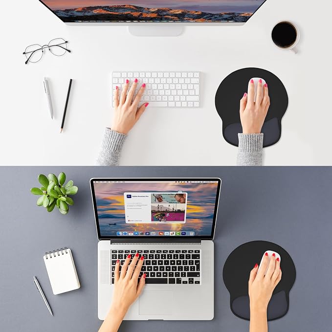 ITNRSIIET Ergonomic Mouse Pad with Wider Memory Foam Wrist Rest +17%, Curved Cushion Reduces Pressure 20%, Pain Relief, Non-Slip, Smooth, Cute Color Desk Accessory, 9.85 x 9 inch, Black Gray Gradient