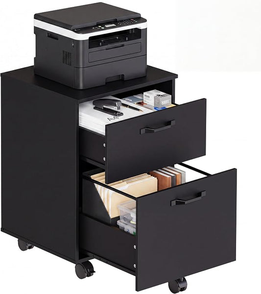 OLIXIS 2 Drawer File Cabinet, Printer Stand with Storage Cabinet | Wood Under Desk Storage Organization Holds Printer, Office Supplies, Not For Hanging Files, Fit Home Office Black