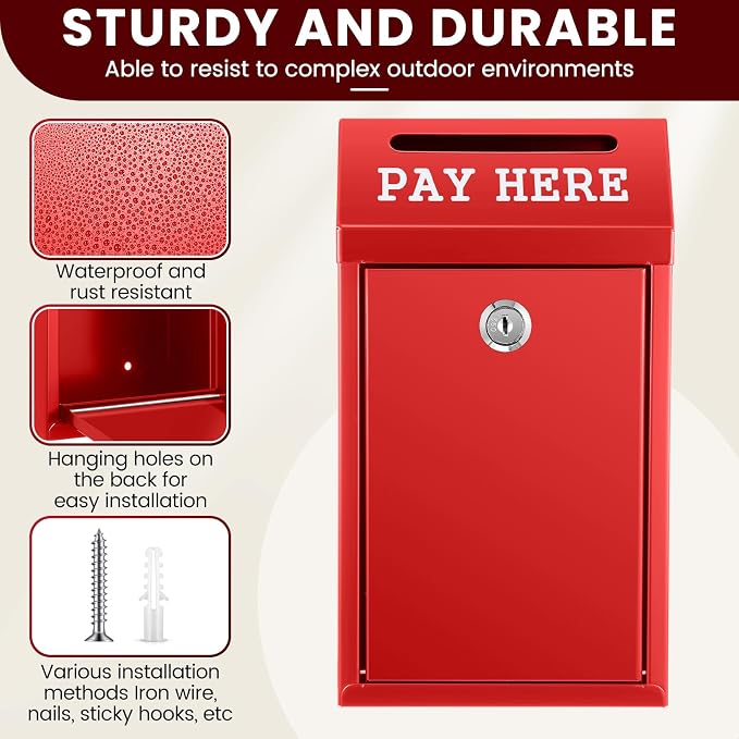 Yaocom Safe Metal Cash Box for Farm Stand – Money Drop and Secure Donation Collection, Wall Mount Lockable Unit with Pre Drilled Holes for Outdoor Self Serve(Red,10.2 x 5.7 x 2.8 Inch)