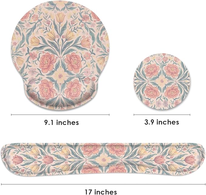 Ergonomic Mouse Pad Set with Wrist Rest, Floral Boho | Vintage Pink Non-Slip Rubber Base Wrist Cushion Support and Coasters Mousepad with Wrist Support for Computer Keyboard
