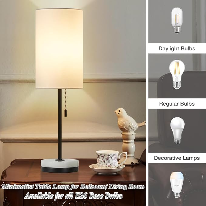 Luvkczc 18" Minimalist Table Lamp Set of 2, Nightstand Lamp for Bedroom Living Room, Modern Pull Chain Bedside Lamp with Marble Base, Fabric Shade, Small Desk Lamp for Home, Office, Reading