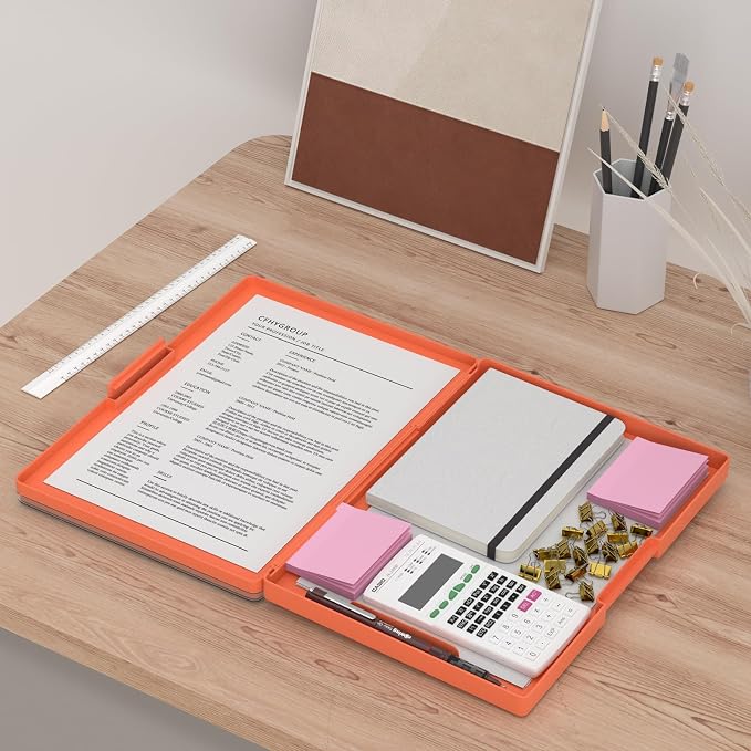 Rimilak Clipboard with Storage,8.5x11 2 Compartment Clip Board, Orange | Smooth Writing, Side-Opening Plastic Folder with Pen Holder, Size 13.3 x 9.4 x 1.5″,for Classroom, Teacher, Student