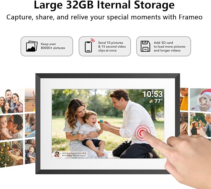 32GB FRAMEO 10.1 Inch Smart WiFi Digital Photo Frame 1280x800 IPS LCD Touch Screen, Auto-Rotate Portrait and Landscape, Share Moments Instantly via Frameo App from Anywhere