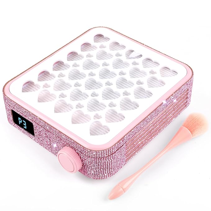 BQAN Portable Nail Dust Collector with 4200RPM Fan Pink Rhinestones | 10pcs Filter Papers Include & Nail Brush | Strong Suction | Adjustable Speed | For Acrylic & Gel | Professional & Home Use