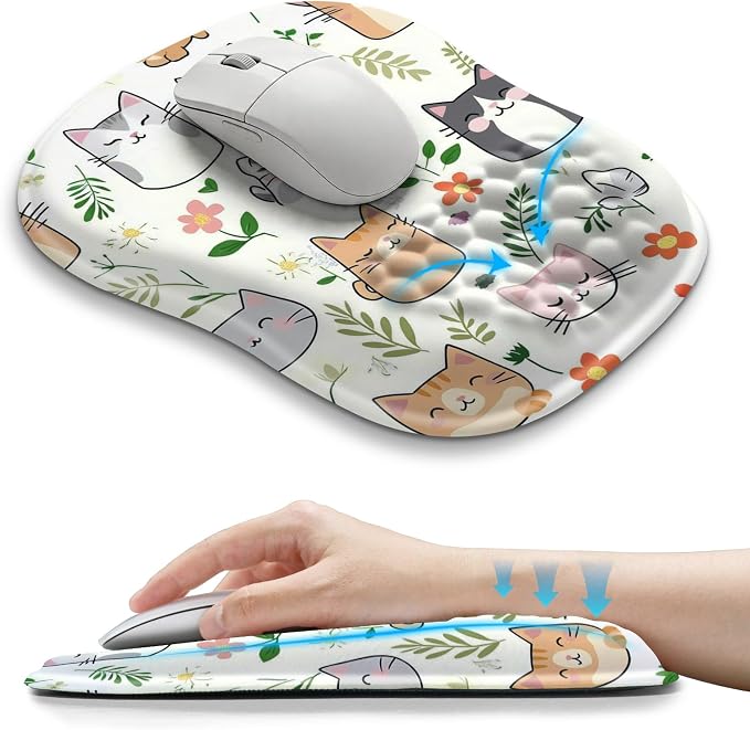 Hokafenle Ergonomic Wrist-Hugging Mouse Pad Wrist Support, U-Shaped Holding Wrist Rest Mousepad for Carpal Tunnel Pain Relief with Cushioned Memory Foam Slope Massage Bulge (10.2x8.3 in,Cute Cat)