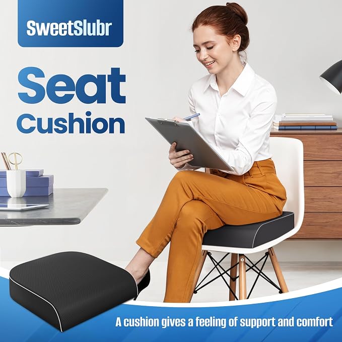 SweetSlubr Seat Cushion for Tailbone Pain Relief, Office Chair Cushion, Chair Pad, Memory Foam Large Cushion with Non-Slip Cover for Soft Support at Office Chair, Car Seat, Airplane, Black/Large